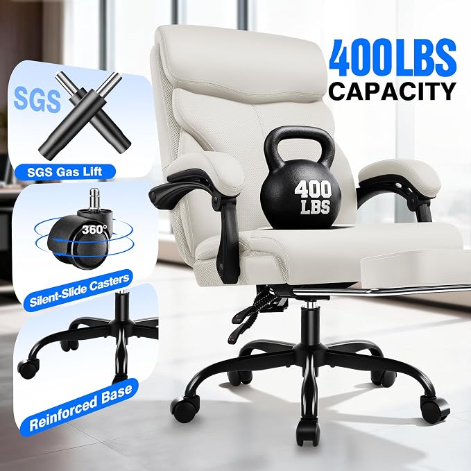 AreShark Office Chair - Ergonomic Comfortable High Back Computer Desk Chair with Foot Rest - Executive Breathable Swivel Rolling Reclining Leather Chair with Lumbar Support for Home Gaming Relaxing
