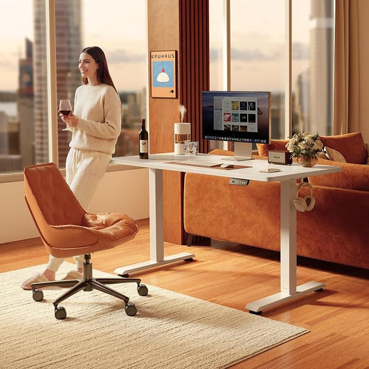 FEZIBO Standing Desk, 63×28 Inches Electric Height Adjustable, Sit Stand Up, Computer Office Desk with Splice Board, While Frame/While TOP