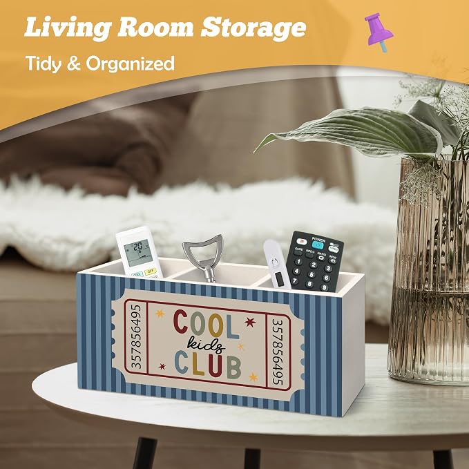 Classroom Pen Holder Organizer for Desk Accessories, Kids Room Decor, Cool Kids Club Retro Blue Striped Wooden Box Sign Desk Decorations for Classroom Boys Girls Room Bedroom Decor