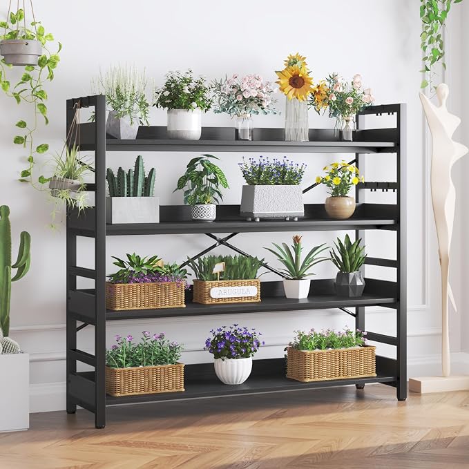 HCHQHS Bookshelf, Adjustable Industrial Bookcase, Vertical Tall Book Shelf, Wood and Black Metal Open Bookshelves for Home Office, Living Room, Bedroom (Black, 4-Tier (47" W x 44" H))