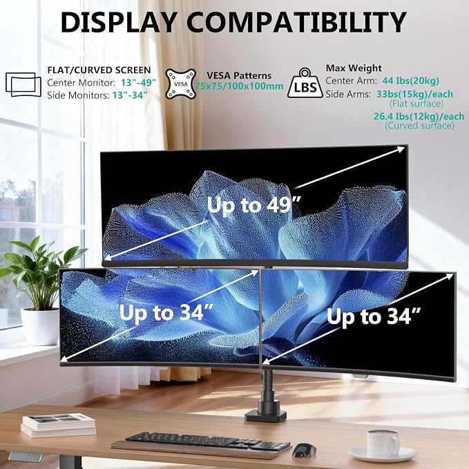 WALI Triple Monitor Mount - Extra Tall 3 Monitor Desk Mount for 17-49 Inch Ultrawide Screens, Up to 44 lbs, Fully Adjustable Heavy Duty Monitor Arm, VESA 75/100 mm (GSDM003-P), Black