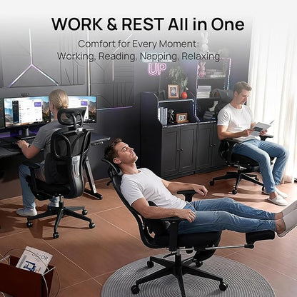 CabLady S1 High Back Ergonomic Mesh Office Chair with Footrest, 300 lbs | 115° Recline Lock, Adjust Seat Depth, 2D Arms, 3D Headrest, Detachable Lumbar Support, Breathable Mesh, BIFMA, Black