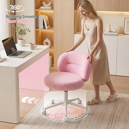 Homkdom Plush Vanity Chair with Wheels, Soft Comfy Makeup Chair with Rounded Back, Height Adjustable, 360° Swivel for Bedroom & Beauty Spaces