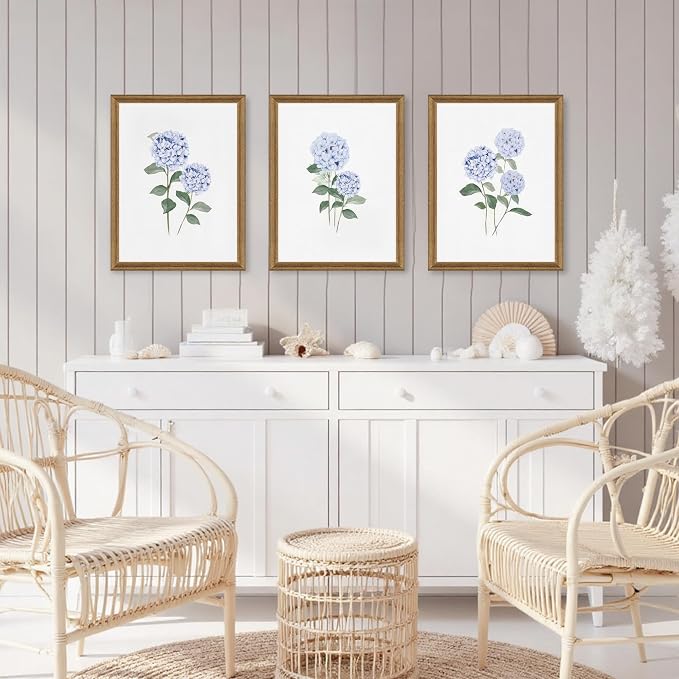 WRFON Blue Hydrangea Framed Wall Art Set of 3, Watercolor Floral Botanical Canvas Prints, Minimalist Flower Wall Decor for Dining Room Living Room Bedroom, Wood Frame 12x16 Inch