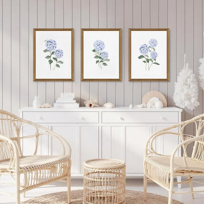 WRFON Blue Hydrangea Framed Wall Art Set of 3, Watercolor Floral Botanical Canvas Prints, Minimalist Flower Wall Decor for Dining Room Living Room Bedroom, Wood Frame 12x16 Inch