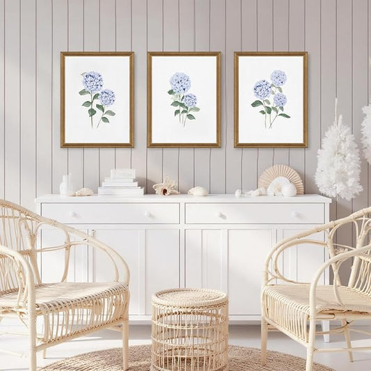 WRFON Blue Hydrangea Framed Wall Art Set of 3, Watercolor Floral Botanical Canvas Prints, Minimalist Flower Wall Decor for Dining Room Living Room Bedroom, Wood Frame 12x16 Inch