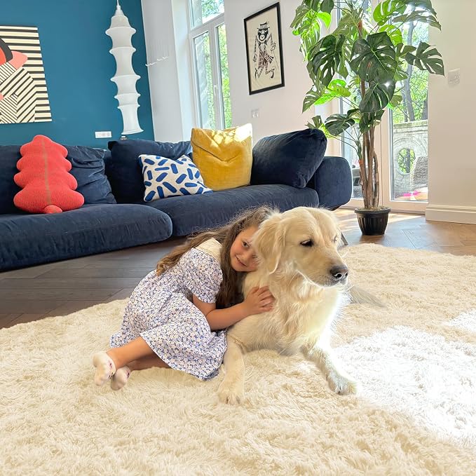 OLANLY 8x10 Machine Washable Large Area Rugs for Living Room, Bedroom, Soft Fluffy Shaggy Bedside Rug, Indoor Floor Carpet for Kids Girls and Boys, Dorms, Nursery, Home Decor Aesthetic, Cream