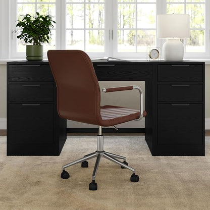 Martha Stewart Taytum Swivel Task Chair with Armrests for Home Office in Saddle Brown Faux Leather with Polished Nickel Frame