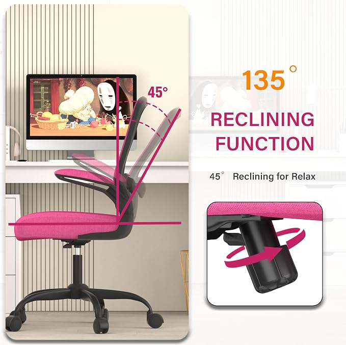 Mimoglad Ergonomic Office Chair - Desk Chair with Flip-up Armrests & 135° Recline, Adjustable Lumbar Support - Space-Saving Task Chair for Business/Team Office & Home (Modern, Rose-Carmine)