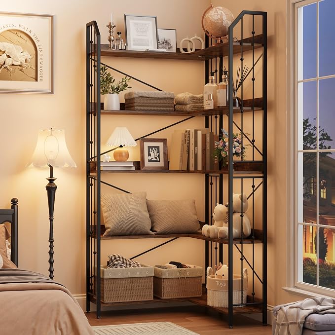 GarveeHome Corner Bookshelf 72" L Shaped Bookcase, Corner Bookshelves Industrial Bookcase 5 Tier L-Shape Bookshelf, Large Bookcases with Beaded Design Tall Display Rack Shelf for Living Room Bedroom