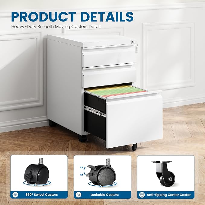 PEUKC 3 Drawers Mobile File Cabinet with Lock, Under Desk Rolling File Cabinet for Home Office, Organizes Letter Legal A4 Files, White(Assembly Required)