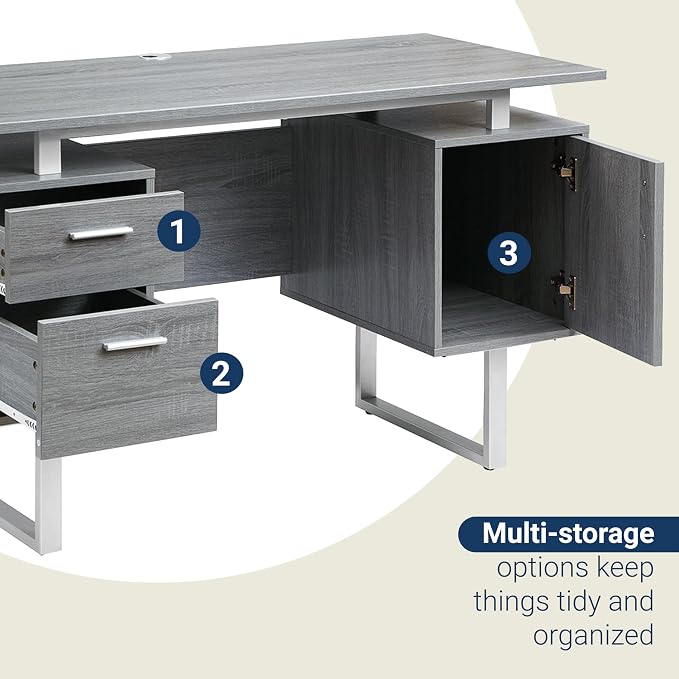 Techni Mobili Modern Office Desk with Storage, Gray