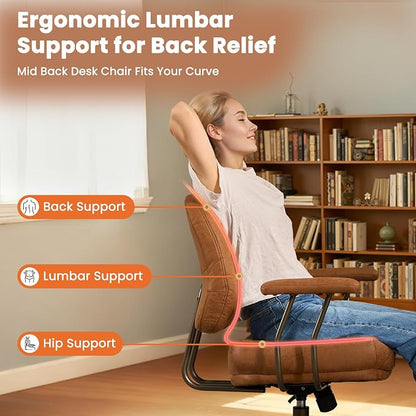 Leather Home Office Chair, Mid Back Ergonomic Desk Chair with Lumbar Support, Mid Century Modern Deep Seat Swivel Rocking Computer Chair, Brown