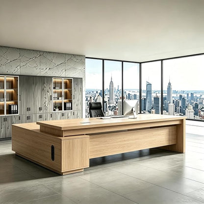 L Shaped Executive Desk with Drawers, Modern Large Wood Home Office Desk, Computer Desk with Storage for Boss Office Workstation