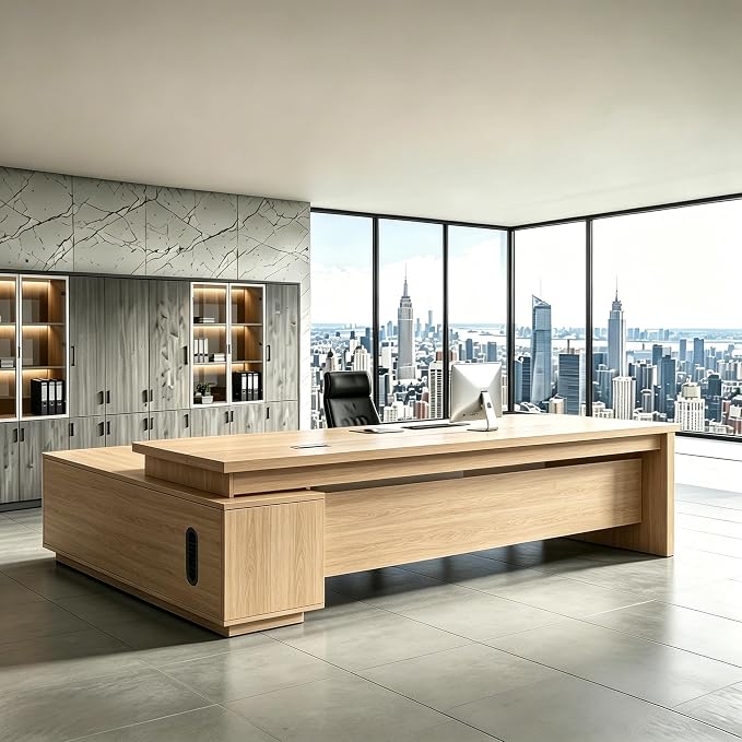 L Shaped Executive Desk with Drawers, Modern Large Wood Home Office Desk, Computer Desk with Storage for Boss Office Workstation