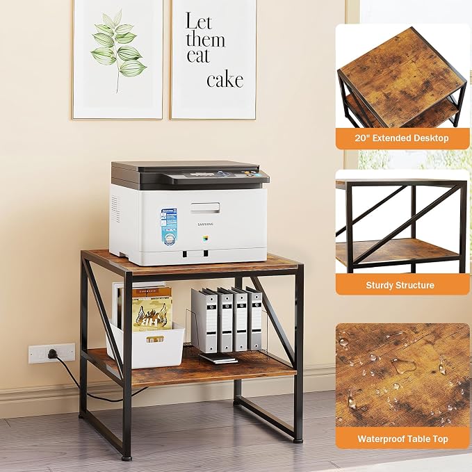 2-Tier Large Priner Stand with Charging Station, 20"×20" Under Desk Printer Table with Power Outlets and USB Ports for Office, Mini Fridge Stand, Storage Shelf for Scanner Fax Machine, Rustic Brown