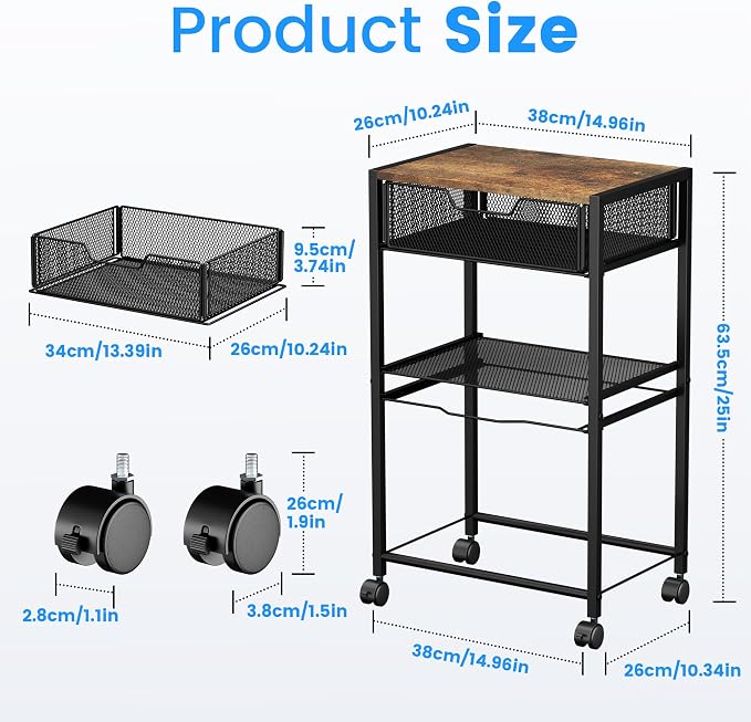 Cawukege 3 Tier Printer Stand, Mobile Table with Wheels, Printer Shelf Rolling Cart with Storage Desk Organizer Hanging File for Office Home, Brown