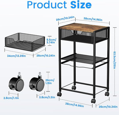 Cawukege 3 Tier Printer Stand, Mobile Table with Wheels, Printer Shelf Rolling Cart with Storage Desk Organizer Hanging File for Office Home, Brown