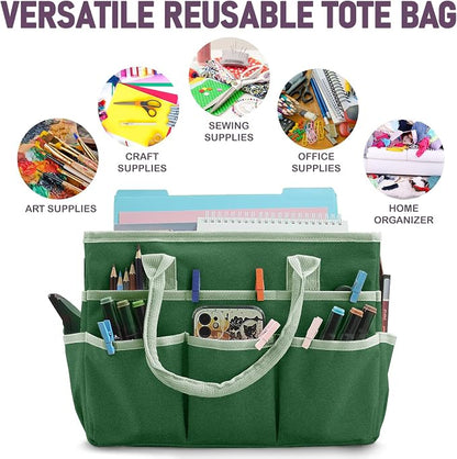 Cupohus Art Organizer Craft Storage Tote Bag with Pockets and Handles, Oxford Fabric Carrying Caddy for Teacher, Officer, Artist, Traveler, and more –Green