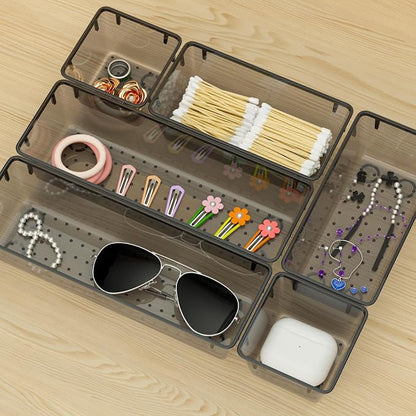 WOWBOX 6 Pack Clear Drawer Organizer Set, Acrylic Drawer Storage Trays, Storage Bins for Makeup, Cosmetics, Jewelries, Utensils, Gadgets, Office, Black