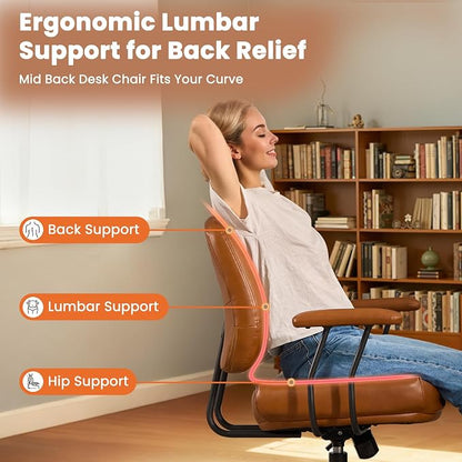 Leather Home Office Chair, Mid Back Ergonomic Desk Chair with Lumbar Support, Mid Century Modern Deep Seat Swivel Rocking Computer Chair, Brown