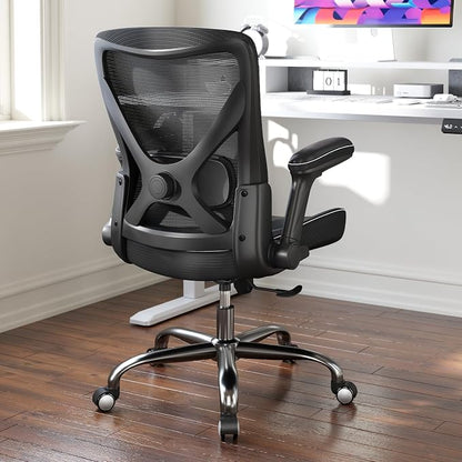 Ergalithic Office Home Ergonomic Desk Chair-Computer X-Shaped Chair Mesh PU Leather with Adjustable Lumbar Support-Executive Chair High Back Flip-Up Arms for Long Hours (Black-No Headrest)
