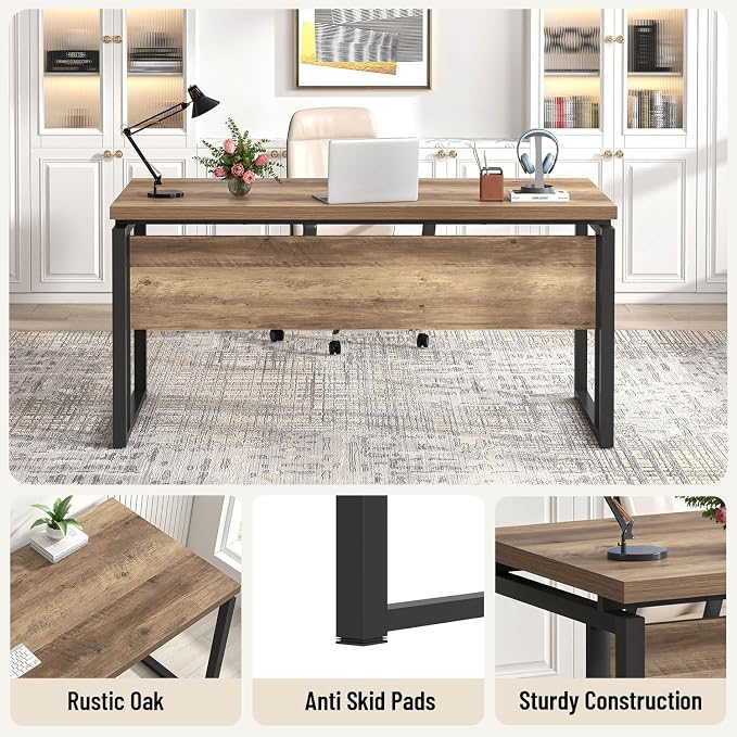 EXCEFUR Modern Computer Desk for Home Office, PC Laptop Gaming Desk, Metal Wood Study Writing Table Workstations for Bedroom Living Room, 53 Inch, Rustic Oak