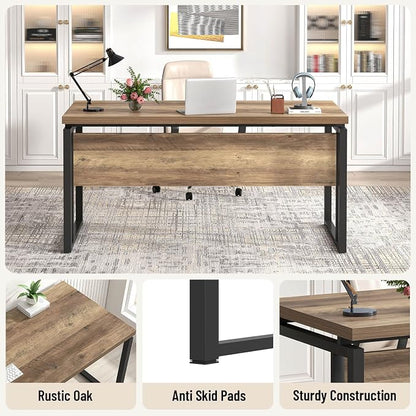EXCEFUR Modern Computer Desk for Home Office, PC Laptop Gaming Desk, Metal Wood Study Writing Table Workstations for Bedroom Living Room, 53 Inch, Rustic Oak
