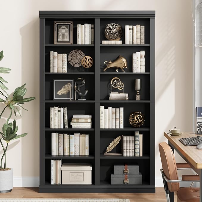 Garvee 74.5" Tall Bookshelf with Double Storage, 6-Tier Large Bookshelf, Double Wide Bookshelves w/ 12 Cubbies, Wide Freestanding Bookcases for Livingroom Office Library (Blcak, 74.5"H*46.1"W*12.4"D)