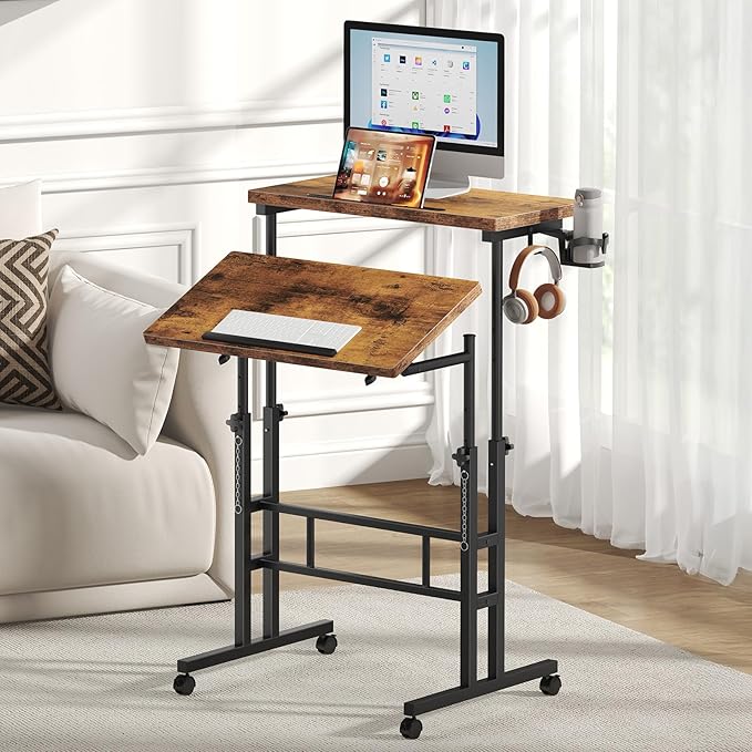 DUMOS Split Top Rolling Standing Desk 23.6 Inch Mobile Laptop Workstation Manual Height Adjustable Sit Stand Office Table Walking Pad Study Surface Portable Home Office Computer Cart Rustic Brown