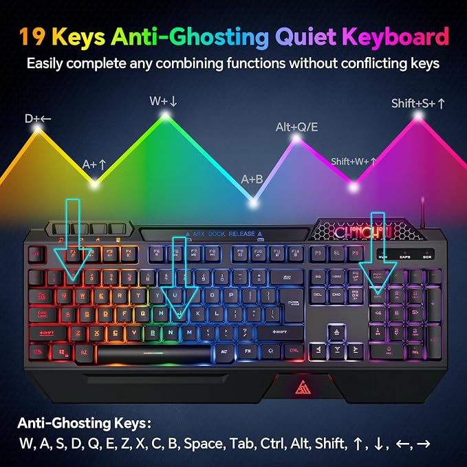 CHONCHOW Gaming Keyboard and Mouse Combo, USB Wired RGB Backlit Anti-Ghosting Silent Keyboard with Ergonomic Wrist Rest & Phone Holder, 7D 7200DPI Gaming Mouse for PC Gamer Xbox PS4 PS5 (RGB-Black)