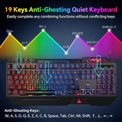 CHONCHOW Gaming Keyboard and Mouse Combo, USB Wired RGB Backlit Anti-Ghosting Silent Keyboard with Ergonomic Wrist Rest & Phone Holder, 7D 7200DPI Gaming Mouse for PC Gamer Xbox PS4 PS5 (RGB-Black)