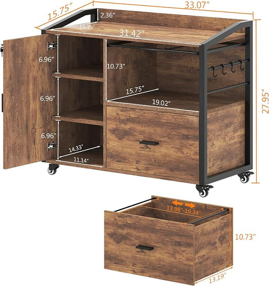 HSH Mobile File Cabinet with Lock, 1-Drawer Rolling lateral Filling Cabinet on Wheels, Wood Printer Stand with Open Storage Shelves & Hanging File Rack, File Cabinets for Home Office,Rustic Brown,33In