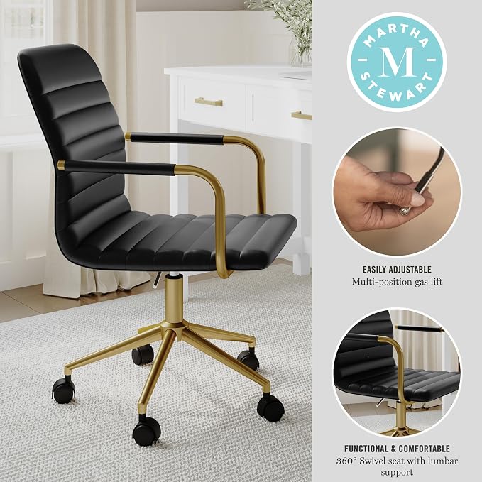 Martha Stewart Taytum Swivel Task Chair with Armrests for Home Office in Black Faux Leather with Polished Brass Frame