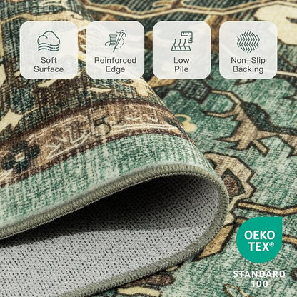 Lofus 5x7 Area Rugs for Living Room, Washable Area Rug, Rugs for Bedroom, Kitchen, Vintage Boho Carpet, Soft Non-Slip, Low Pile Large Area Rug for Office Dining Room, Green