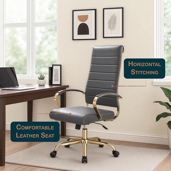 LeisureMod Modern High-Back Leather Office Chair - Swivel & Adjustable Executive Desk Chair with Gold Frame, Ergonomic Design for Home & Office (Grey, Set of 6)