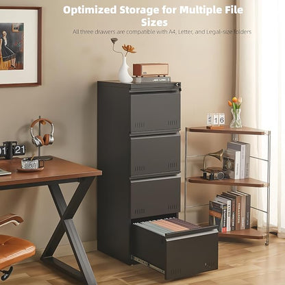 Guizeeopo Metal File Cabinet with Lock, Vertical 4 Drawer File Cabinets for Home Office, Heavy Duty Office Storage Cabinet for A4/Letter/Legal Size, Assembly Required(Black)