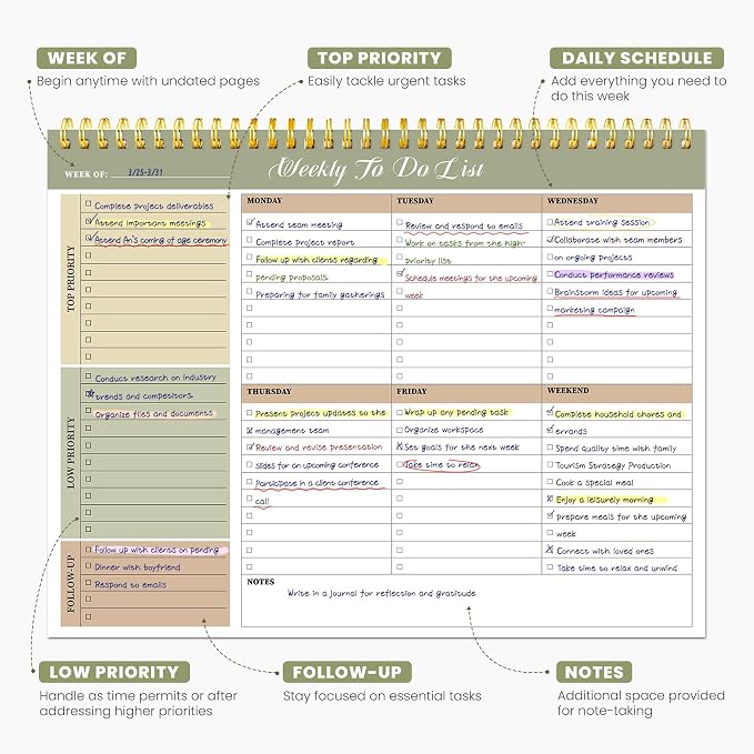 Weekly To Do List Notepad with 52 Undated Sheets（8.5"×11"）6 Pack - Undated Weekly Planner Notepad for Office Desk Accessories and Supplies - Forest Shades
