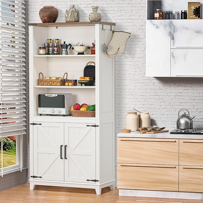 Joaxswe 70in Tall Bookshelf 5 Tier Bookcase with Barn Doors and Storage Cabinet, White Farmhouse Book Shelf with Adjustable Shelves, Wood Freestanding Display Bookshelves for Bedroom, Kitchen (3PCS)