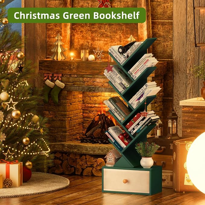 SHEEPAM 8 Tier Tree Bookshelf with Drawer, Free Standing Wood Green Bookcase for Narrow Space, Storage Organizer Bookshelves for Books, Book Case for Home Office, Living Room, Bedroom