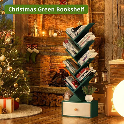 SHEEPAM 8 Tier Tree Bookshelf with Drawer, Free Standing Wood Green Bookcase for Narrow Space, Storage Organizer Bookshelves for Books, Book Case for Home Office, Living Room, Bedroom
