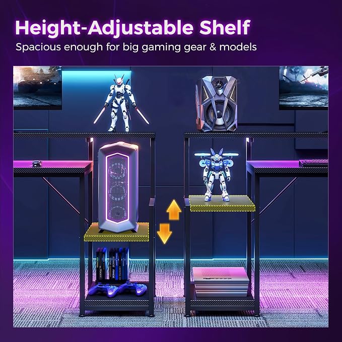 AODK 55 Inch Gaming Desk with LED Lights, Computer Desk with Storage Shelves, Reversible Desk with Monitor Stand, Carbon Fiber Black