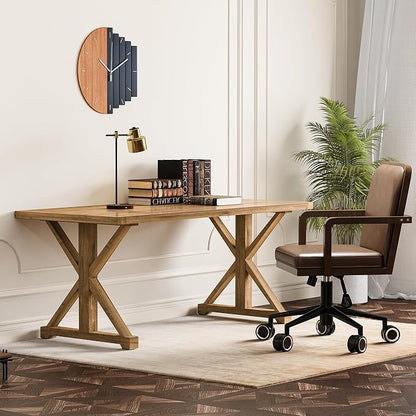 homary 70.9" Solid Wood Executive Desk, Rustic Farmhouse Home Office Desk with X-Trestle Base, Large Writing & Computer Table for Home Office, Study or Dining Space