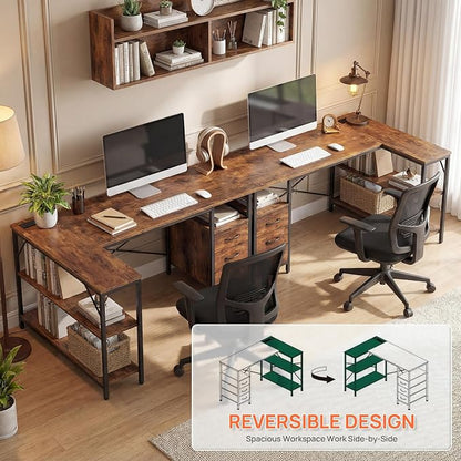 Alpen L Shaped Computer Desk, 47 Inch Corner Desk with Drawers and Power Outlets, Home Office Desk for Gaming, Study Writing PC Table with Storage and Reversible Shelf, Brown