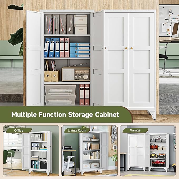 Letaya 47.3" H Metal Storage Cabinet with 2 Doors and 3 Shelves,Freestanding Bathroom Floor Cabinets,Kitchen Pantry Cabinets,Utility Pantry Organizers for Cupboard/Dining/Home Office/Garage,White