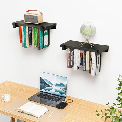 NANATI 2 Set of Floating Bookshelf, Pine Wood Invisible Bookshelf, Hanging Bookshelves for Wall, Unique Space Saving Wall Bookcase, New Black (16.5L×8.7W×1.5H)