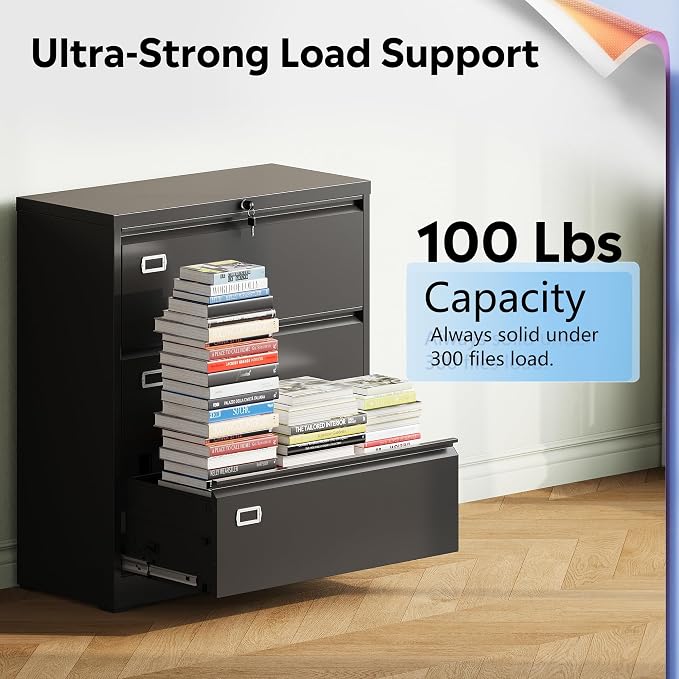 DEVAISE 3 Drawer File Cabinet, Metal Lateral Filing Cabinet with Lock for Letter/Legal/F4/A4 Size, Wide Organization Storage Cabinet for Home Office School (Black, Assembly Required)