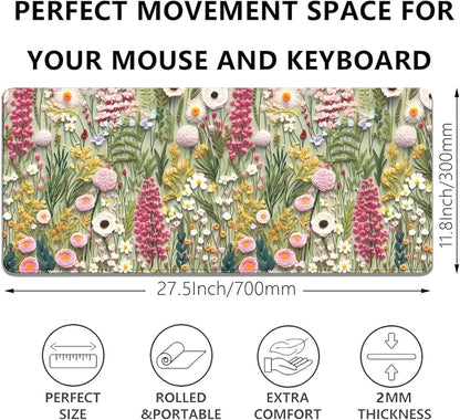 Embroidered Flower Wildflower Embroidery 3D Pattern Mouse Pad Desk Pad,Stitched Edges Non-Slip Waterproof Rubber Base Mous Mat for Office,Computer,Keyboard,Laptop and Home Desk Pad(27.5X11.8 in)