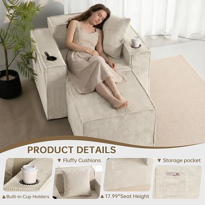 Cloud Single Sofa,Comfy Lounge Chair with Elevated Seat Height, Cup Holder & Side Pocket,No Assembly Required, Foam Couch for Small Space Bedroom Office Apartment (White, with Ottoman)