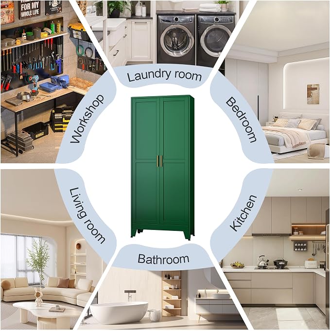Green Metal Storage Cabinet,75" Steel Cabinets for Home Office, Kitchen Pantry Storage Cabinet with Doors and 5 Adjustable Shelves, Tool Cabinets, for Office, Home, Garage, School